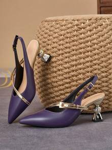 WHDXY French Purple Pointed Toe Backless Sandals, Asymmetric Heel Metal Buckle High Heels, Commuting & Date Elegant Pumps For Women - Purple - View 6