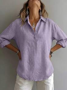 Women'S Elegant And Comfortable Loose Solid Color Long-Sleeve Shirt For Spring And Autumn. A Relaxed Style With A Collar And Half-Button Placket, Perfect For Casual Wear. This Versatile Top Is Suitable For Both Office And Leisure Time - Light Purple - 查看 6