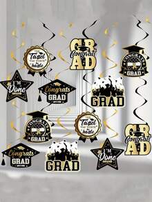 6pcs 2026 Graduation Season Hanging Decorations - Black & Gold Graduation Party Decor - Suitable For Graduation Party, Theme Party And Home Decor - One Size Fits All - View 1