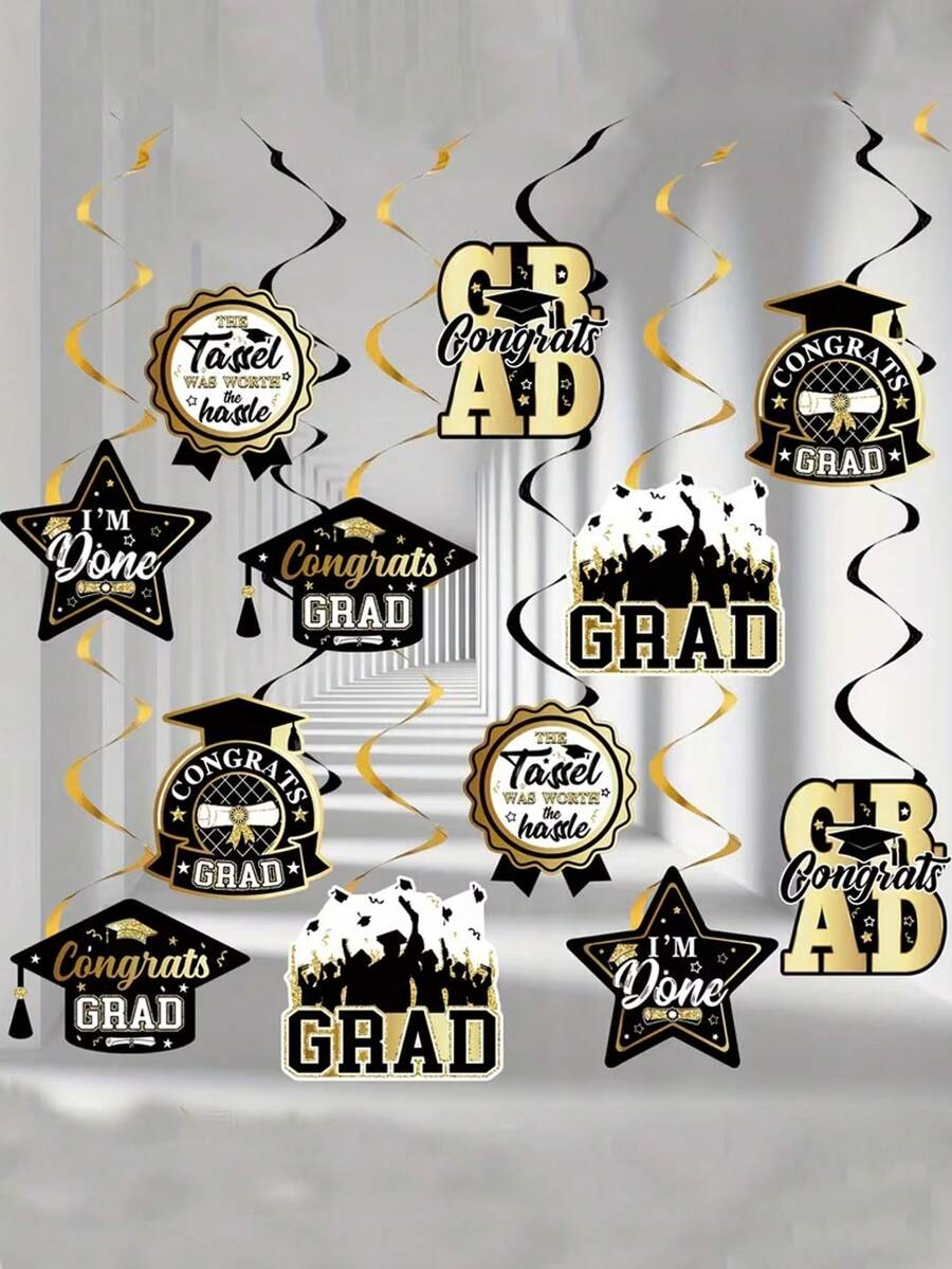 6pcs 2026 Graduation Season Hanging Decorations - Black & Gold Graduation Party Decor - Suitable For Graduation Party, Theme Party And Home Decor - One Size Fits All - View 1
