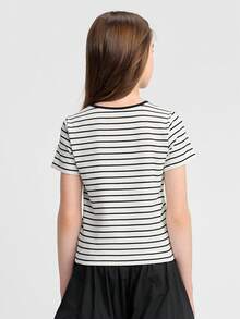 Balabala Girls' New Arrival Sweet Polka Dot Short Sleeve Summer T-Shirt Top With Bow Details - Black and White - View 3