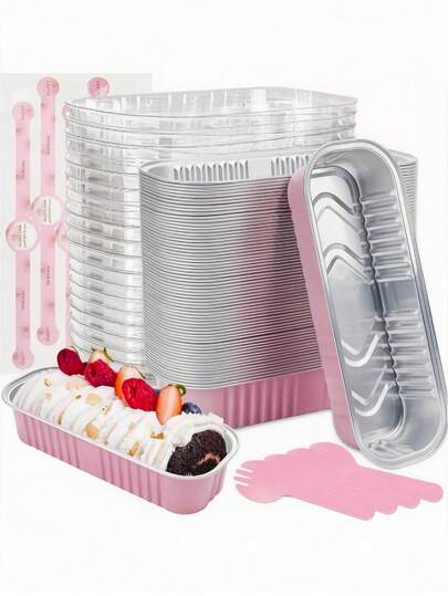80 piezas Juego de moldes mini para tostadas (con tapa y cuchara), posavasos de acero inoxidable, moldes reutilizables para galletas y pasteles, moldes para pudín, utensilios de hornear, color rosa, 200 ml, bandeja de hornear rectangular de aluminio, para fiesta de San Valentín, decoración del hogar, regalo para el hogar