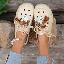 Women's Lightweight Breathable Beaded Tassel Hollow Slip-On Mule Sandals, Retro Style - Coffee Brown - View 3