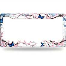 A Humorous Floral Design License Plate Frame, Adorned With Cherry Blossom And Butterfly Patterns, Made Of Stainless Steel. It Includes Two Mounting Holes And Screws, Suitable For Standard Vehicle Dimensions Of 12.2 X 6.3inch In The US And Canada,Car Must Haves,Car Picks,Gifts,Car Decor,Car Cover,Car Acessesories>Essentials - style1 - 查看 1