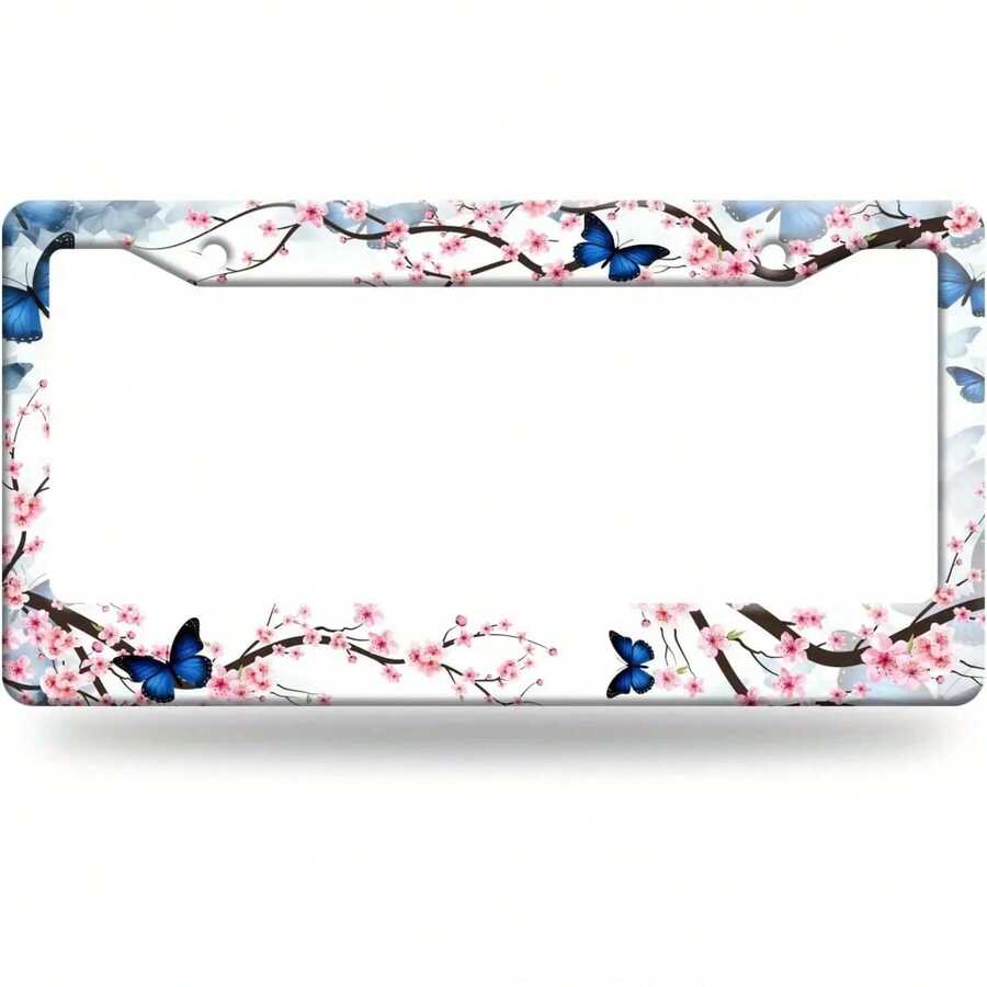 A Humorous Floral Design License Plate Frame, Adorned With Cherry Blossom And Butterfly Patterns, Made Of Stainless Steel. It Includes Two Mounting Holes And Screws, Suitable For Standard Vehicle Dimensions Of 12.2 X 6.3inch In The US And Canada,Car Must Haves,Car Picks,Gifts,Car Decor,Car Cover,Car Acessesories>Essentials - style1 - 查看 1