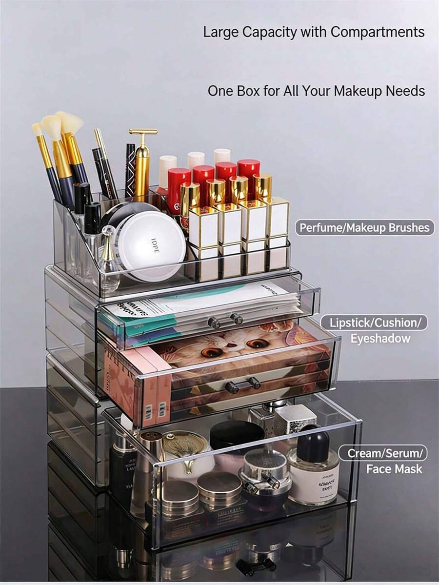 1 Set Transparent Drawer Style Makeup & Skincare Storage Box, Large Capacity Desktop Organizer Rack For Cosmetics, Masks, Jewelry, Lipstick, Cushion, Eyeshadow, Upgraded Version - Multicolor - View 1