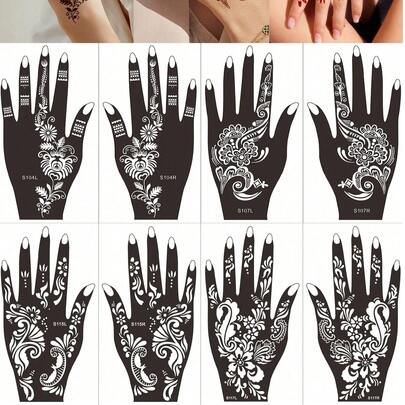 1Set Premium Floral Henna Tattoo Stencil Stickers, Color Painting Temporary Hand Tattoo Stencils, Glitter Painting Hollow Stickers, For Body Art Makeup Mehndi Patterns, Hanna Editions, Henna Inscriptions Hand, Inscription Henna Printing, Tattoo Stickers, Tattoos Fake Tattoos,Tattoos And Fake Tattoos Suitable As Mother's Day Gifts, Also Ideal For Christmas And Halloween Presents, As Well As Holiday Gifts.