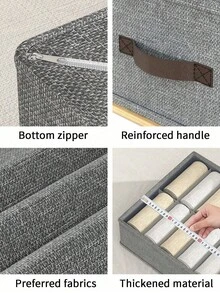 1pc Grey Linen Drawer Storage Box With Zipper Lid, Foldable Divider Storage Bin With Reinforced Handles, Multi-Compartment Wardrobe Organizer For Clothes, Pants And Sweaters, Perfect For Closet And Bedroom Storage - Grey - View 5