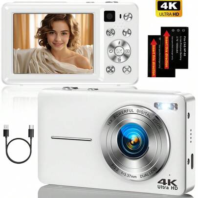 Nicamery 64MP Digital Camera, 4K Vlog Camera With Auto Focus, Dual Lens, 16X Digital Zoom, Portable Travel Camera Suitable For Teenagers And Beginners, Image Stabilization, 2 Batteries, 32GB Memory Card