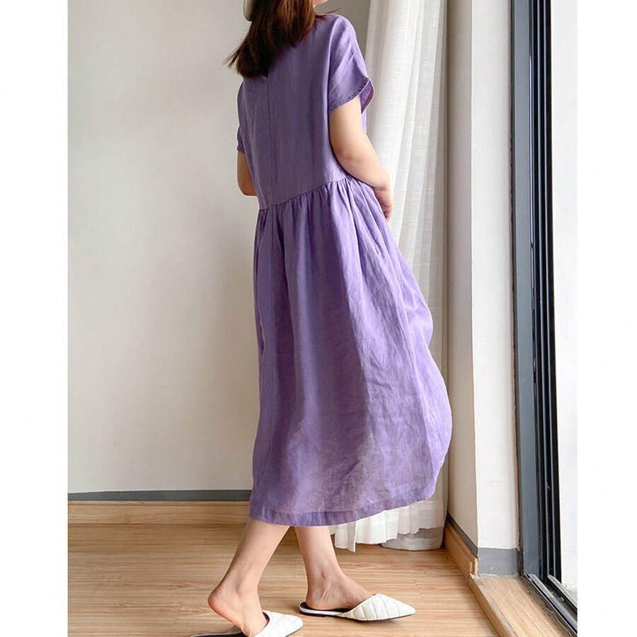 Women Summer 2026 New Simple Artistic Loose Fitting Slimming Cotton Linen Mid Length Dress - 紫色 - 查看 1