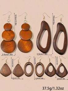 5pairs/Set Vintage Brown Solid Wood Pendant Earrings - màu nâu - Xem 2