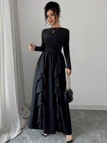 unicolor de otoño, elegante y conservador, asimétrico/con pliegues y encaje/borde con volantes, adecuado para uso diario, festivales, fiestas de cumpleaños, San Valentín, negro - Negro - Ver 7
