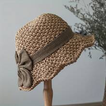 Vintage Ruffled Bow Straw Hat • Elegant French Sun Hat • Foldable & Breathable • Perfect For Travel & The Beach - Màu Khaki - Xem 4