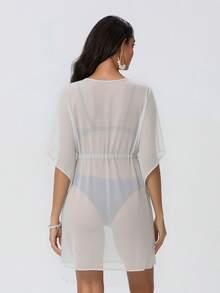 Vestido Cubridor de Chifón Transparente para Mujer, Unicolor, Cuello en V, Manga Murciélago, Cintura con Cordón, Corto, Fluido para Playa de Verano - Blanco - View 3
