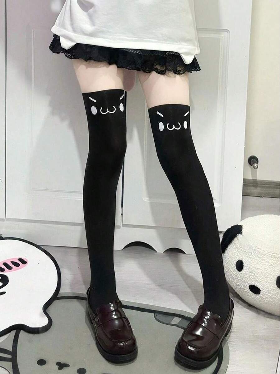1 Pair Printed Thigh High Stockings, Women's Black Tights, Thin Cartoon Over-The-Knee Socks For Spring/Autumn - Black - View 1