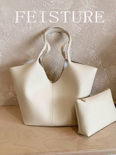 Solid Color PU Fabric Minimalist Large Capacity Shopping Bag Shoulder Bag, Big Capacity Tote Bag, Suitable For Girls, Women, College Students, Young Professionals, And Office Workers, Great For Work, Business, Commuting, And School