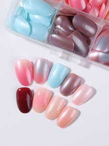216 piezas (9 colores mixtos/caja) Pegatinas de uñas cortas ovaladas mágicas metálicas brillantes, juego de uñas postizas acrílicas de ajuste perfecto, diseño de degradado colorido y metálico, incluye 1 pegamento y 1 lima de uñas, adecuado para uso diario y de fiesta de mujeres - Multicolor - Ver 4