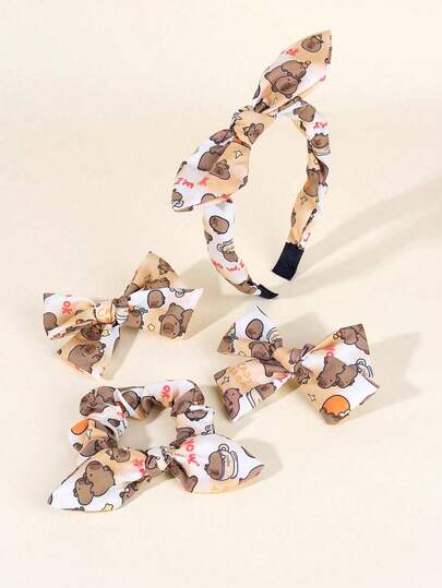 4件套可爱水豚印花蝴蝶结发饰套装，母亲节礼物，母女亲子装，妈妈和我的母亲节礼物。套装包含一个发圈、一个发带和两个带有动物元素的蝴蝶结发夹，是女孩学生日常外出的完美发饰。