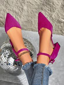 Women's Pointed Toe Suede Hollow Out Bowknot Chunky Heel Pumps, Versatile For Daily, Work, Business, Black, Plus Size,Mothers Day Gift - Hot Pink - View 6
