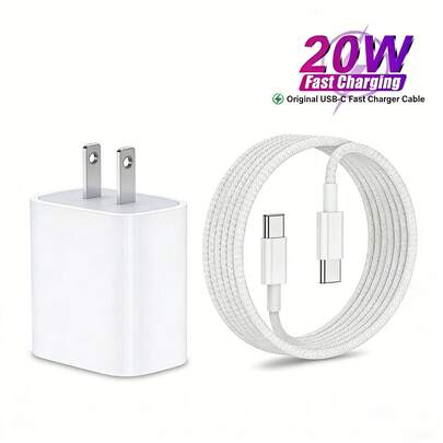 20W USB-C PD 快充适配器，配备 3.3 英尺编织线缆，支持高速充电和数据同步，兼容 17/16 系列、S25/S24/S23/S22/S21 Ultra Plus