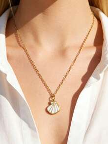 Mazuer 1pc Stainless Steel Drip Oil Pendant Necklace, Dolphin, Seashell, Leaf Design Clavicle Chain, Jewelry Gift For Women, Friendship - Multicolor - View 11