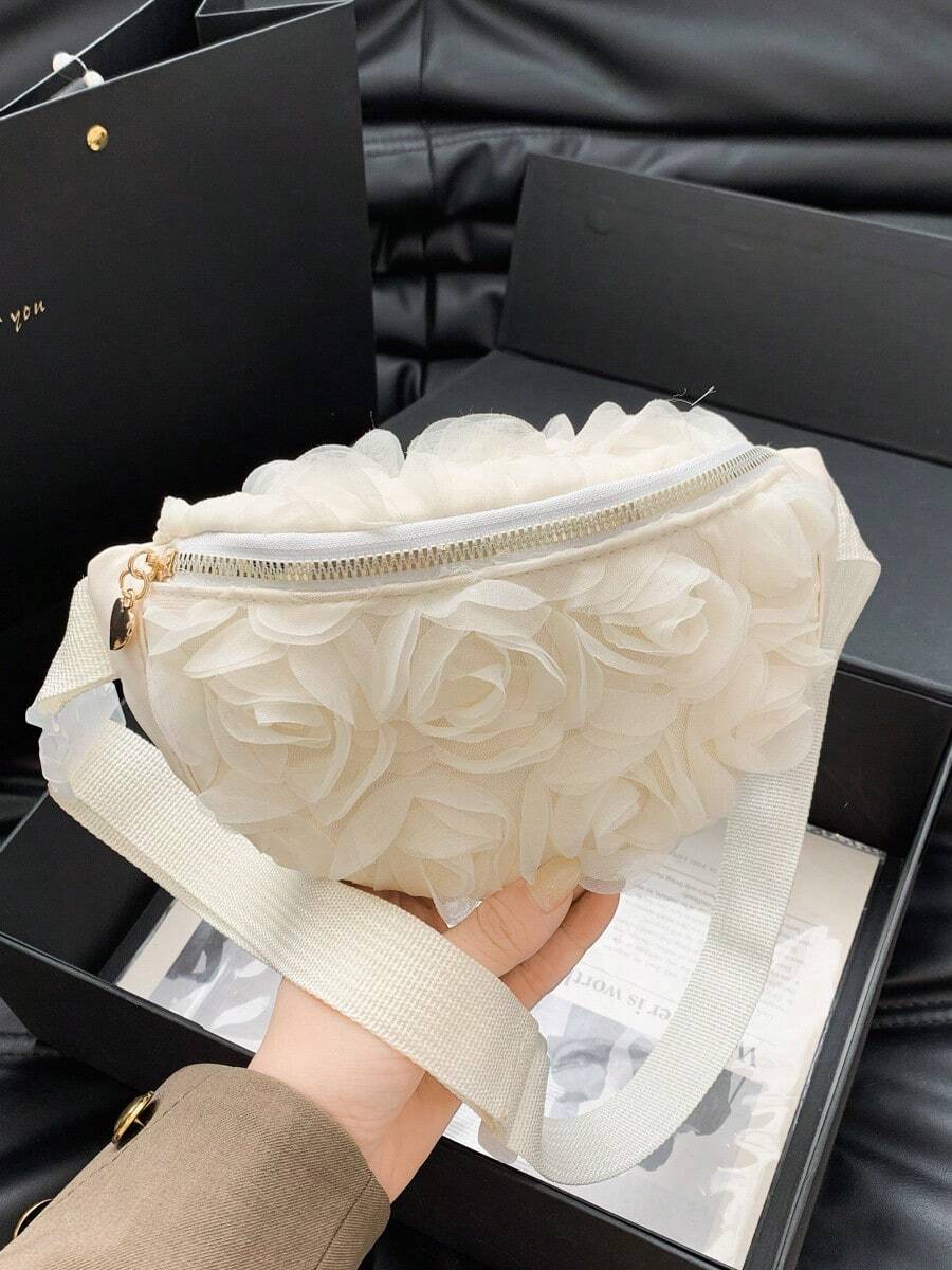 Túi đeo chéo lưới thời trang họa tiết hoa hồng 3D màu trắng dành cho nữ - Màu be - Xem 1