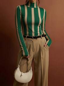Women's Autumn/Winter Turtleneck Striped T-Shirt Top, Casual Daily Wear (JH25167) - Green - View 1
