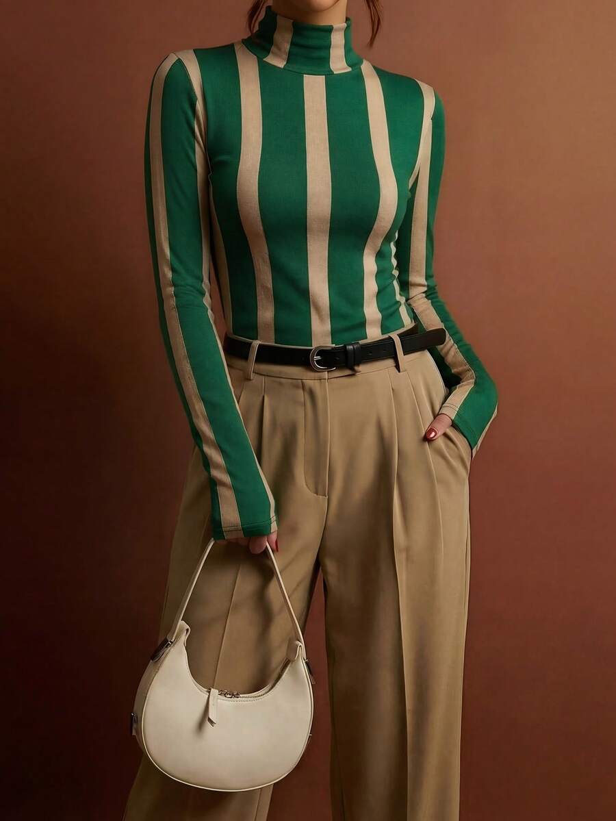 Women's Autumn/Winter Turtleneck Striped T-Shirt Top, Casual Daily Wear (JH25167) - Green - View 1