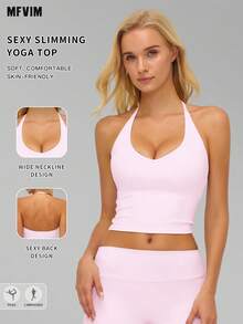 MFVIM Women's Halter Sports Top, Fashionable Breathable Comfortable Casual Sports Tank Top - Baby Pink - View 2