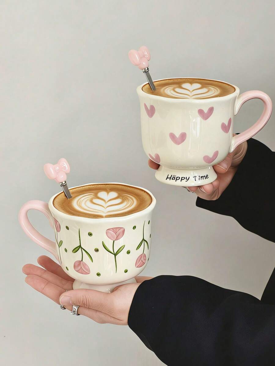 1个高品质时尚陶瓷杯，小众创意花卉爱心图案咖啡杯，带勺子，少女风拉花杯，家用早餐牛奶饮料杯，办公水杯，优雅下午茶甜点杯，情侣杯，送给女孩的礼物，送给闺蜜的礼物 - 彩色 - 查看 1