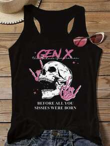 GEN X SKULL Women's Sleeveless Top With Edgy Gothic SKULL & BONE Print - Round Neck Summer Shirt, Sleeveless Vest For Streetwear Outfits, Casual Layering Piece - Machine Washable Polyester Sleeveless Vests Suitable For Summer, Parties, Casual Attire - 黑色 - 查看 1