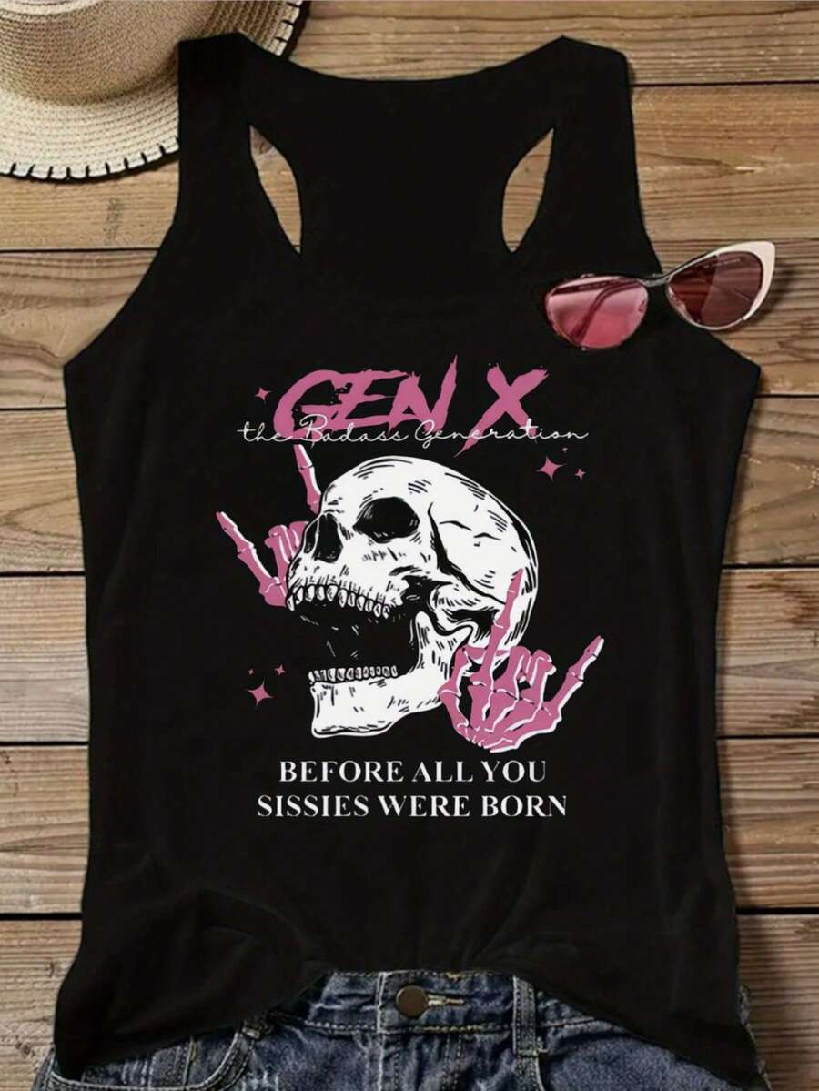 GEN X SKULL Women's Sleeveless Top With Edgy Gothic SKULL & BONE Print - Round Neck Summer Shirt, Sleeveless Vest For Streetwear Outfits, Casual Layering Piece - Machine Washable Polyester Sleeveless Vests Suitable For Summer, Parties, Casual Attire - 黑色 - 查看 1