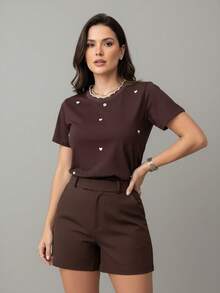 Babylook T-Shirt With Lurex Detail On The Collar, Polka Dots, And Heart. - Rỉ Nâu - Xem 2