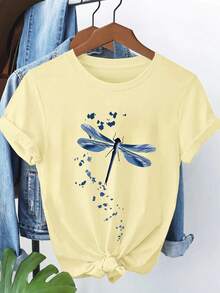 Women's Casual Short Sleeve T-Shirt - Light Yellow Dragonfly And Floral Print, Pure Round Neck Top, Machine Washable Non-See-Through Fabric, Breathable Versatile Outfit For Spring, Summer, And Autumn, Artistic Design, High-Quality Stitching,  Anti-Wrinkle Cotton T-Shirt - 杏色 - 查看 4