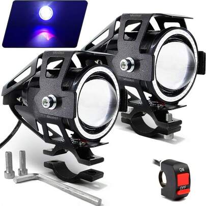 Faros antiniebla LED para motocicleta (U7) – Focos auxiliares / Luces de circulación diurna / Luces para moto – Con aros de halo azules tipo "Angel Eye" e interruptor – Paquete de 2 unidades