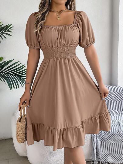 Vestido elegante de manga de pétalo, cuello cuadrado y cintura ceñida, para vacaciones casuales de primavera/verano