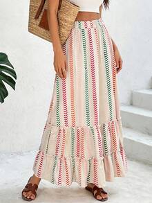 优雅女士喇叭形长裙，荷叶边裙摆细节，梭织面料，无弹力，时尚款式 - 杏色 - 查看 3