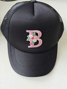 I Pc A-Z 粉色花朵字母儿童黑色网眼棒球帽透气户外防晒个性化帽子 - 黑色 - 查看 7