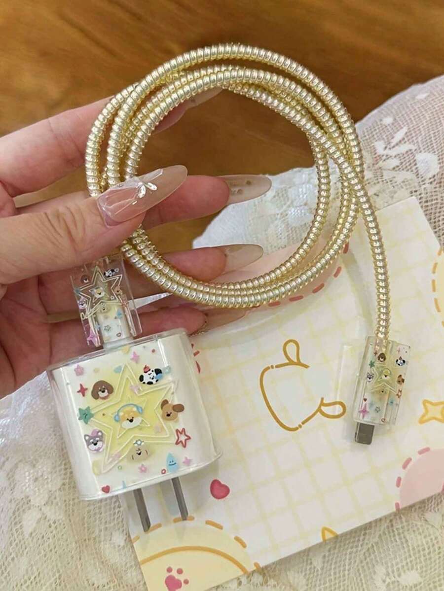 4pcs Dog Paw Star Shaped TPU Charger Protector Case, Suitable Compatible With Apple 18W/20W Fast Charger, Charging Cable Wrap Protection Against Breakage - Multicolor - View 1