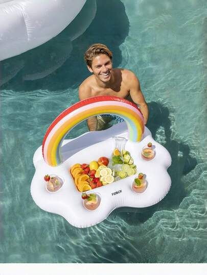 1pc Rainbow Cloud Shape Inflatable Ice Cooler Box--Includes Cup Holder, Inflatable Refrigerated Bar, Durable PVC Material, Suitable For Pool Parties, Keeps Salads, Drinks And Food Chilled, Movable Serving Tray For Indoor And Outdoor Entertainment, All-In-One Self-Serve Food And Beverage Chiller, Ideal For Summer Pool Parties, Beach Vacations, Party Gifts. Pool, Pool Inflatable, Swimming Pool, Inflatable Pool, Large Pool Family, Pool Float.