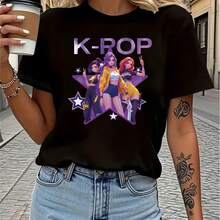 1 pièce T-shirt femme avec imprimé idole KPOP et anime, décontracté et confortable, mode polyvalente pour le printemps et l'été, cadeau parfait pour les meilleures amies, la famille et les fêtes, style de rue T-shirt femme de Pâques et cadeaux de fêtes - Noir - Voir 1