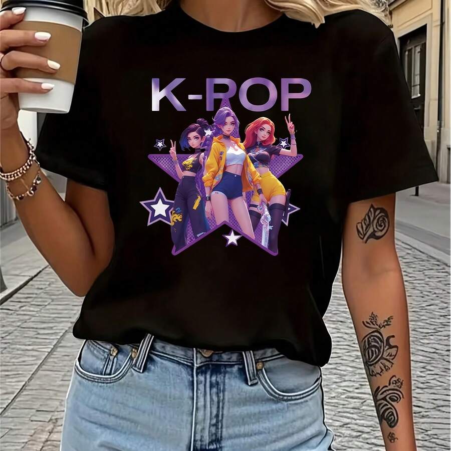 1 pièce T-shirt femme avec imprimé idole KPOP et anime, décontracté et confortable, mode polyvalente pour le printemps et l'été, cadeau parfait pour les meilleures amies, la famille et les fêtes, style de rue T-shirt femme de Pâques et cadeaux de fêtes - Noir - Voir 1