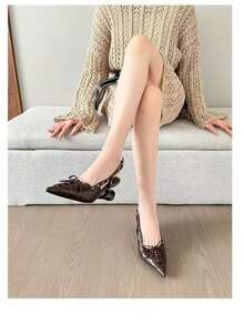Brown Pointed Toe Rivet Bow Tie High Heel Sandals, Unique Heel Design, Versatile Wear With Dresses, Summer New Arrival - Brown - View 4