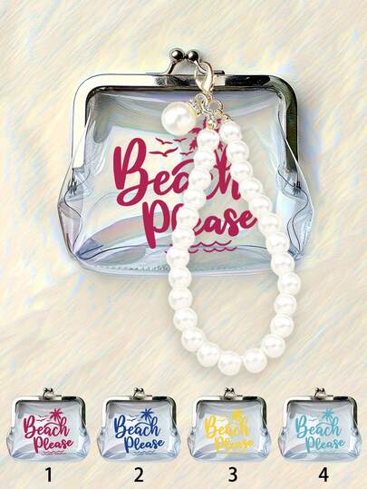 复古零钱包，透明PVC材质，按扣式设计，女士款，“Beach Please”印花迷你包，配珍珠手链，可爱透明小袋，可装硬币、口红、小物件等，女士短款钱包，夏季海滩、度假及日常使用的理想之选。