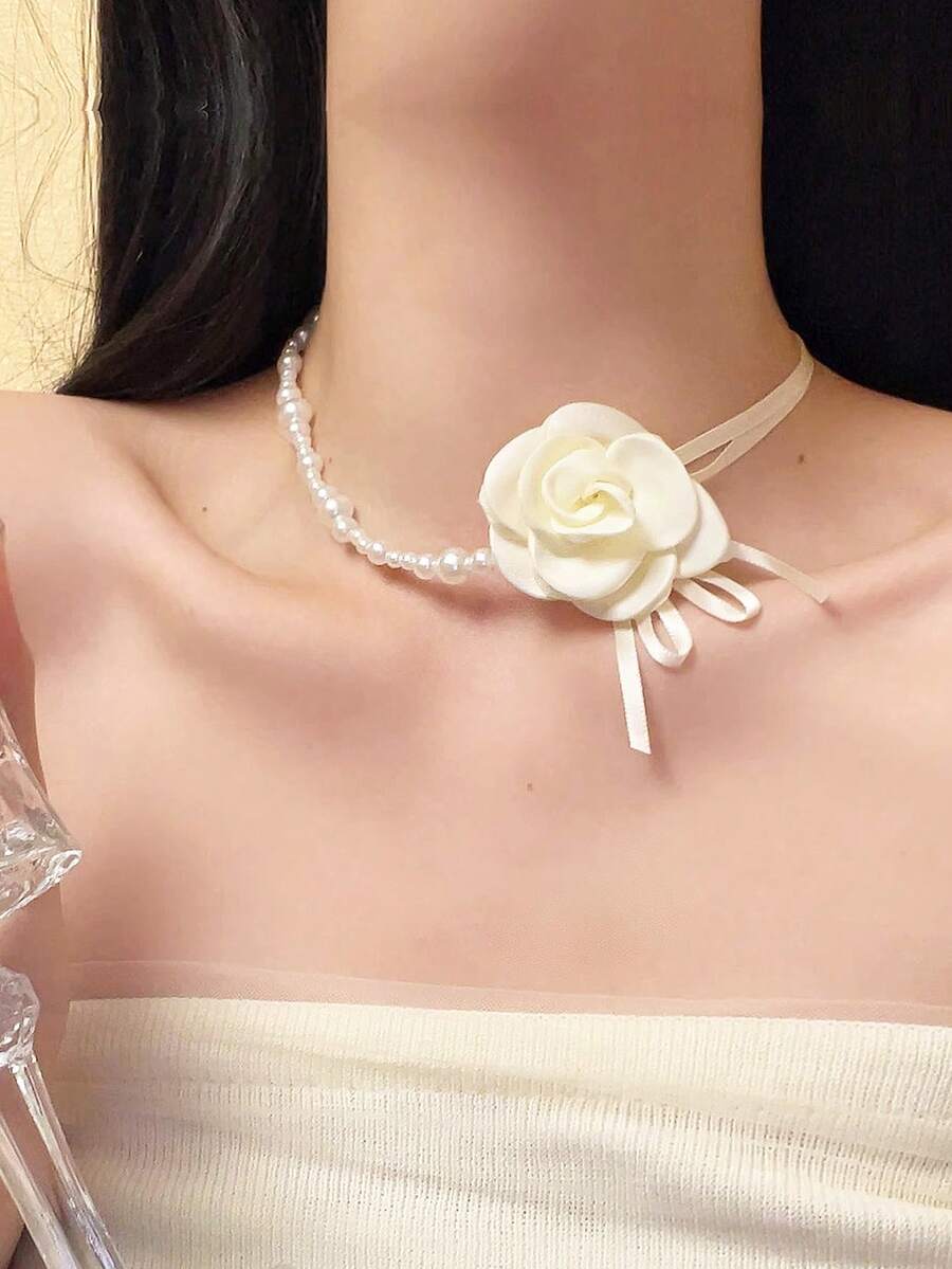 1件装女士山茶花珍珠项链颈链多层花朵颈链配饰 - 彩色 - 查看 1