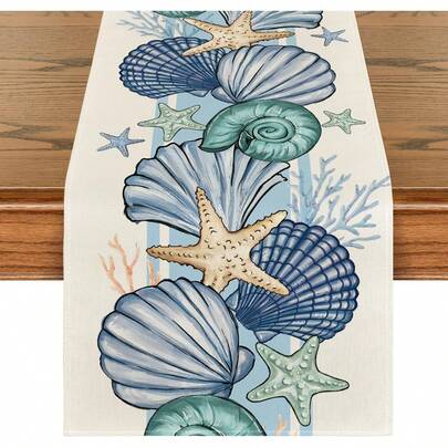 Seashell & Starfish Summer Table Runner, Spring Ocean-Themed Kitchen Dining Table Decor, Home Party Decoration