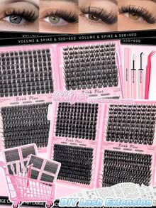 620Pcs DIY Cluster Eyelash Extensions Kit T50+A04+50D+60D Mixed Tray Natural Fluffy Wispy Individual Lashes With Bond Seal Tweezers For Beginners - Black - View 1