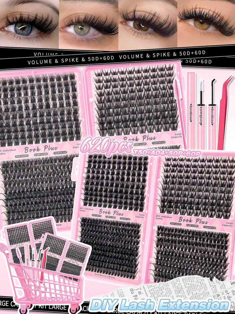 620Pcs DIY Cluster Eyelash Extensions Kit T50+A04+50D+60D Mixed Tray Natural Fluffy Wispy Individual Lashes With Bond Seal Tweezers For Beginners - Black - View 1