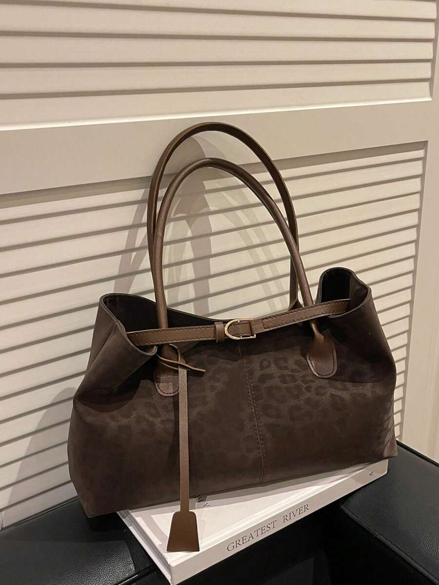 New Versatile Commuter Bag, Leopard Print Stylish Large Capacity Tote Bag, Fashionable High-Sense Handbag & Shoulder Bag - Coffee - View 1