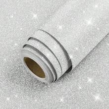 1卷银沙金闪礼品包装纸，自粘可移除乙烯基壁纸，适用于家居装饰，可用于客厅、餐厅、浴室、卧室、办公室、商店、厨房、家具翻新、书桌、衣柜等，防水、隔音，奢华平面贴纸，易于使用，可用于家居装饰、电视背景墙、橱柜、梳妆台、家居焕新 - 銀色 - 查看 9